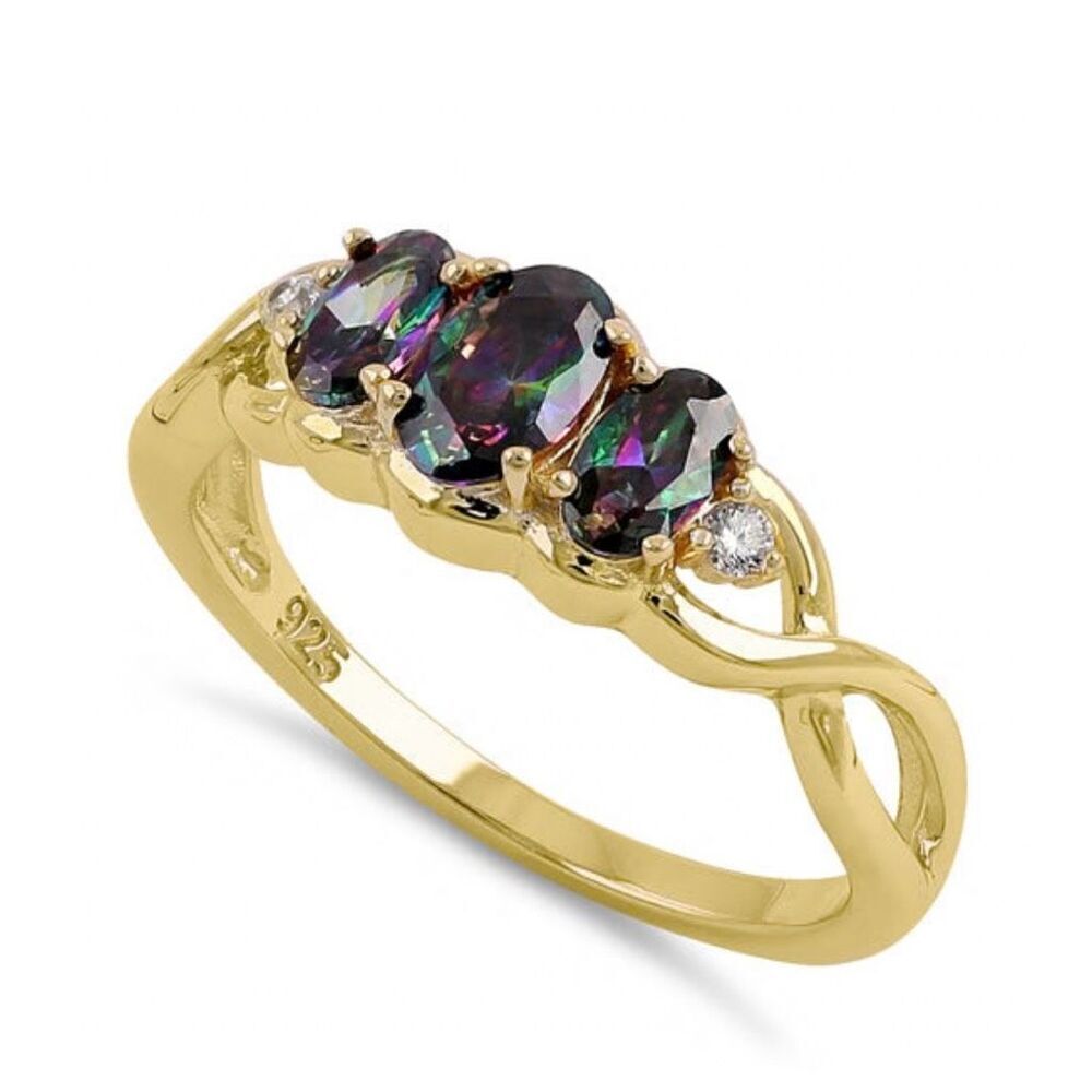 Yellow Gold Vermeil Triple Stone Oval Facted Mystic Rainbow Topaz CZ Ring